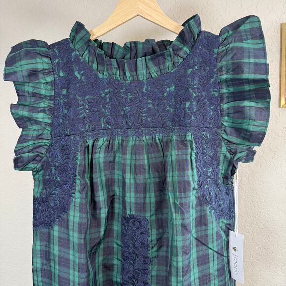 Women's J.Marie Green and Blue Plaid Embroidered Ruffle Sleeve Blouse Size S NEW - Picture 10 of 10